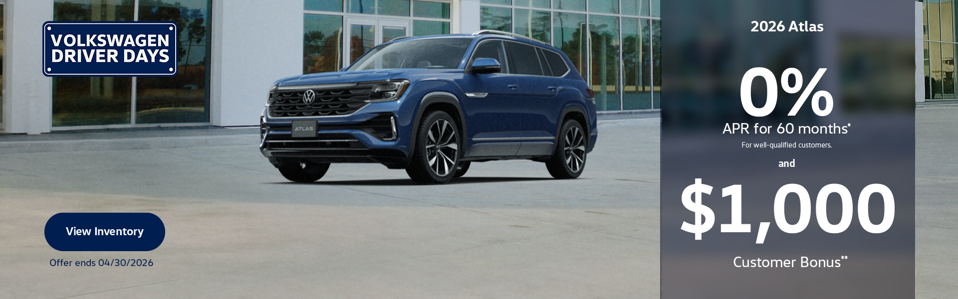 Atlas 0% APR/60 and $1000CB